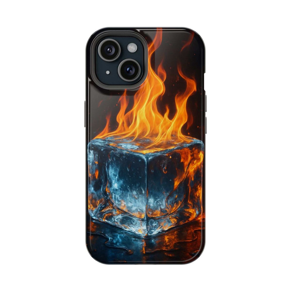 Black glossy phone case with flame and ice cube graphic and camera cutout