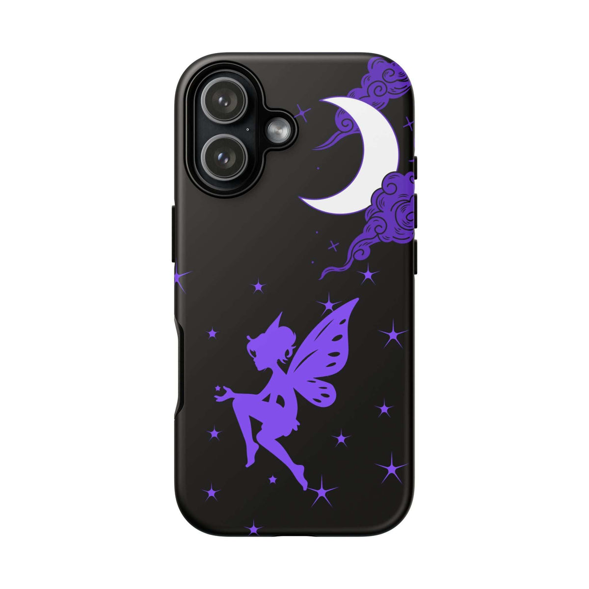 Black phone case with purple fairy, crescent moon, and scattered stars; camera area on back