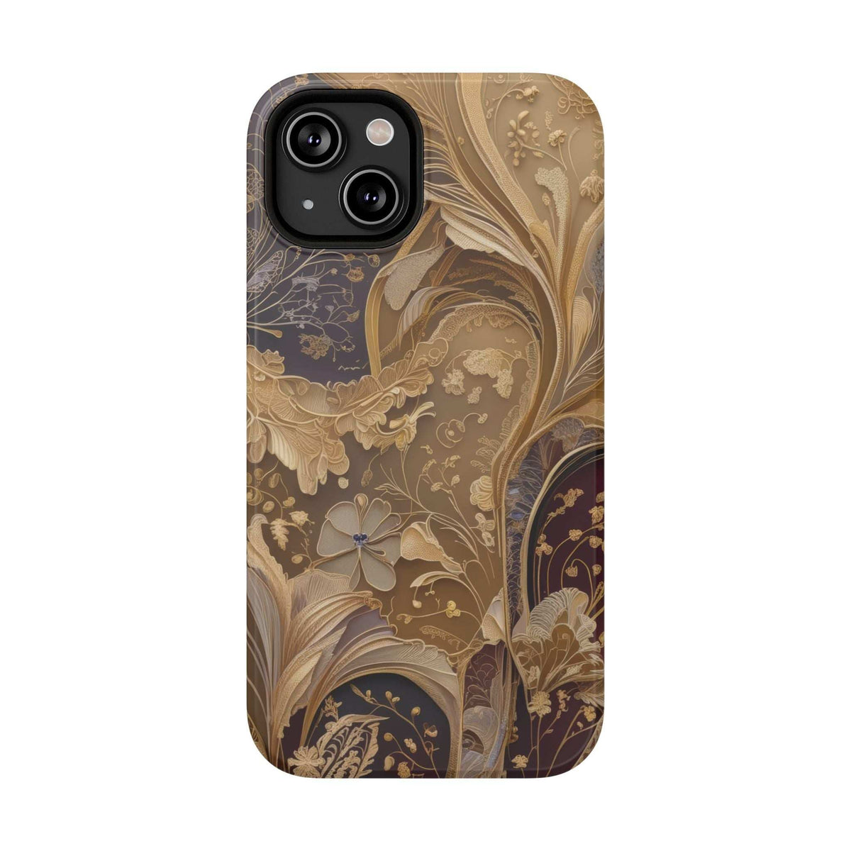 Gold and dark botanical floral phone case, dual camera cutouts with flash