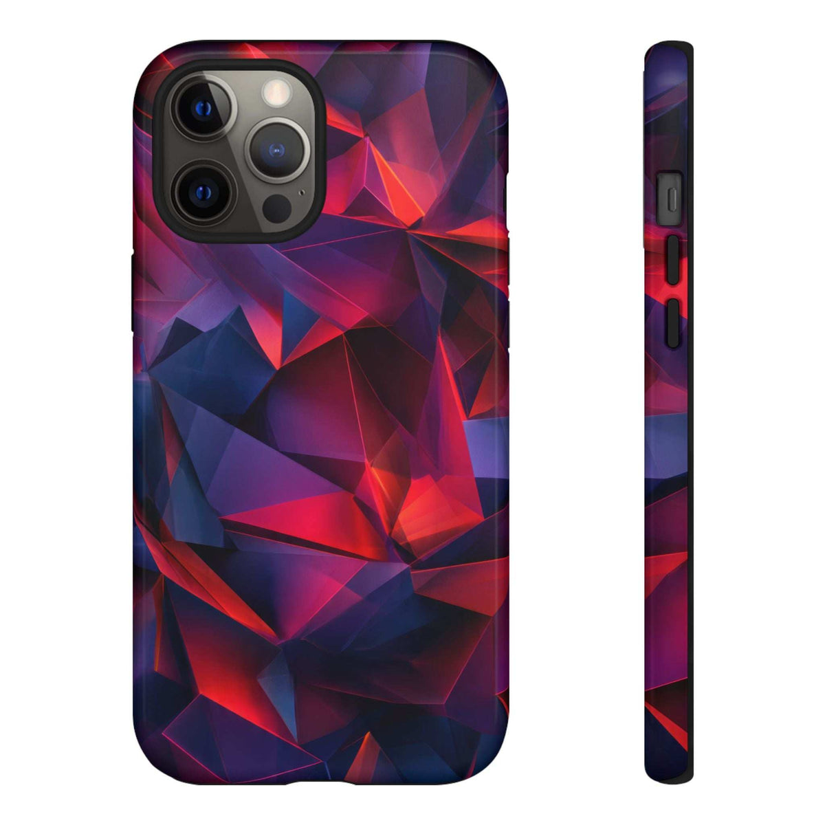 Glossy red-blue crystalline prism phone case with raised camera bump cutout.