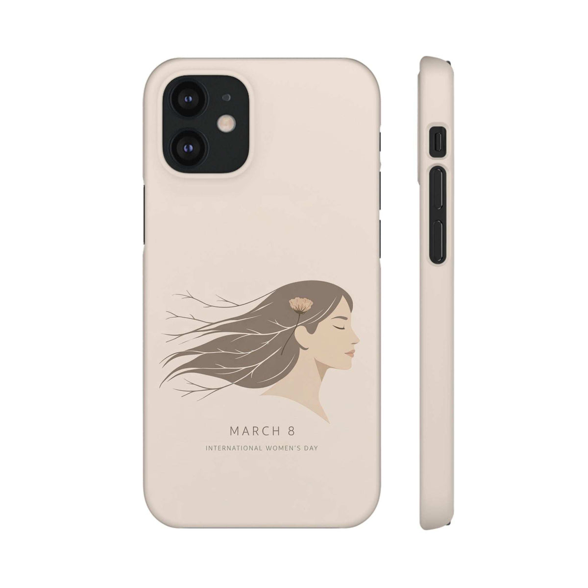 Beige phone case with floral woman “March 8” design; camera cutout and side profile shown.