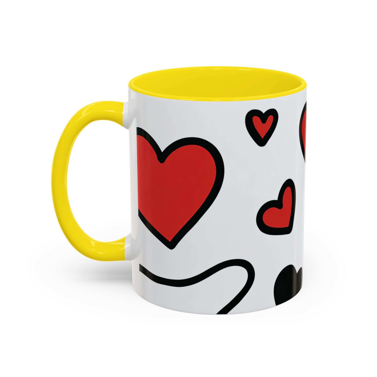 White ceramic mug with yellow rim and handle, red hearts and black lips icon print