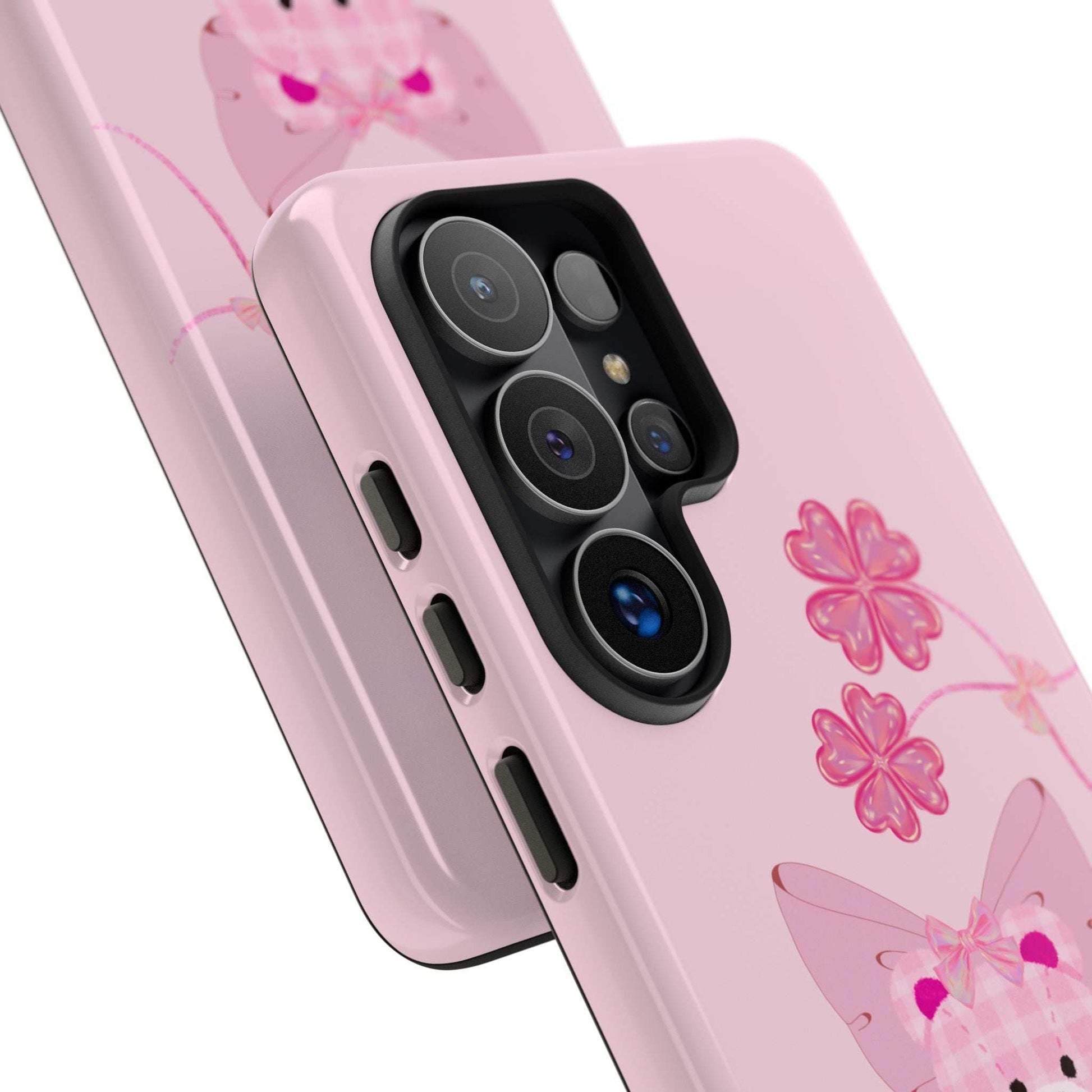 Pink teddy bear phone case with pink floral butterflies, cutouts for cameras and flash