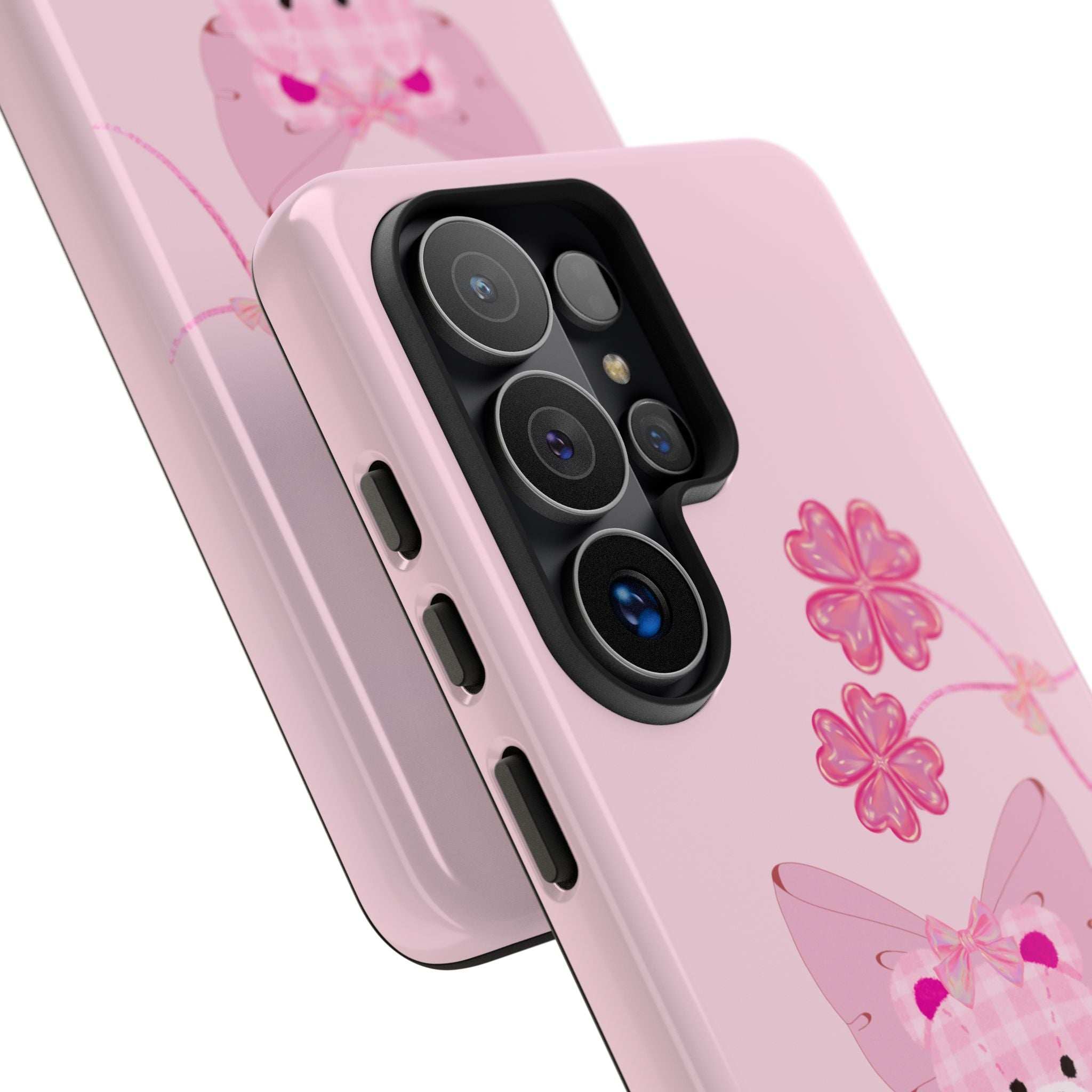 Pink teddy bear phone case with pink floral butterflies, cutouts for cameras and flash