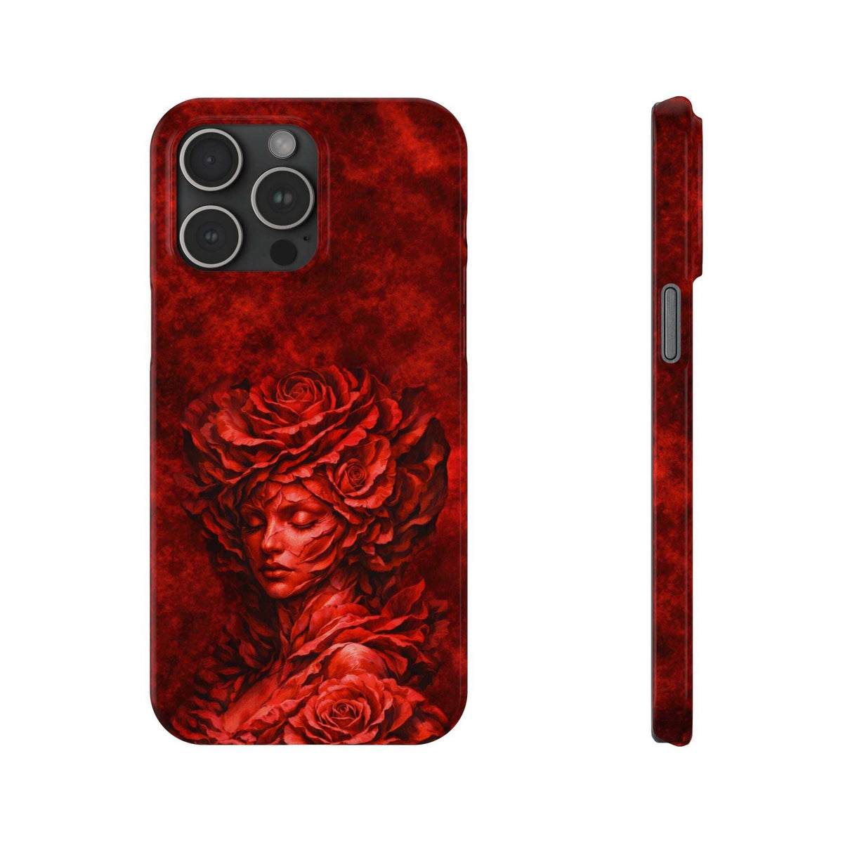 Slim red phone case with roses and woman face art; side profile highlights speaker and port openings.