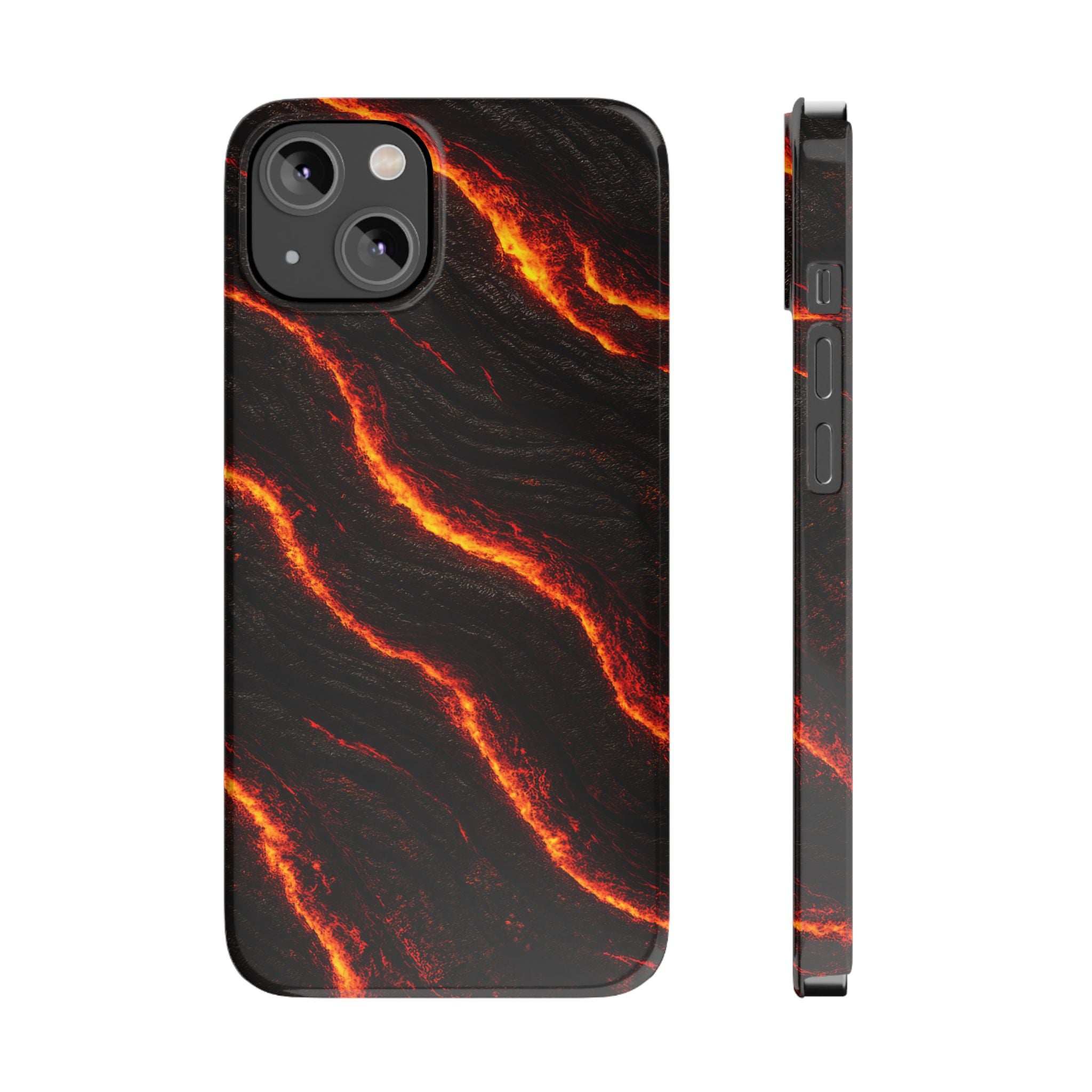 Black phone case with orange lava stripe design; back camera module and slim side edge.