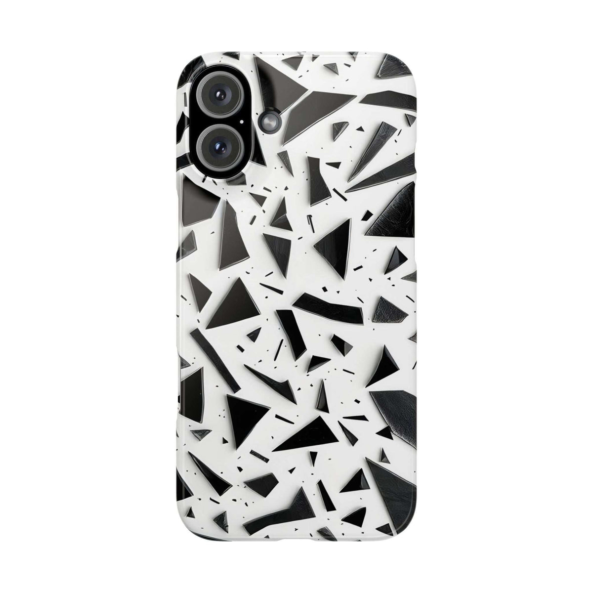 Slim iPhone phone case with white base and black abstract shard pattern, rear camera cutouts.