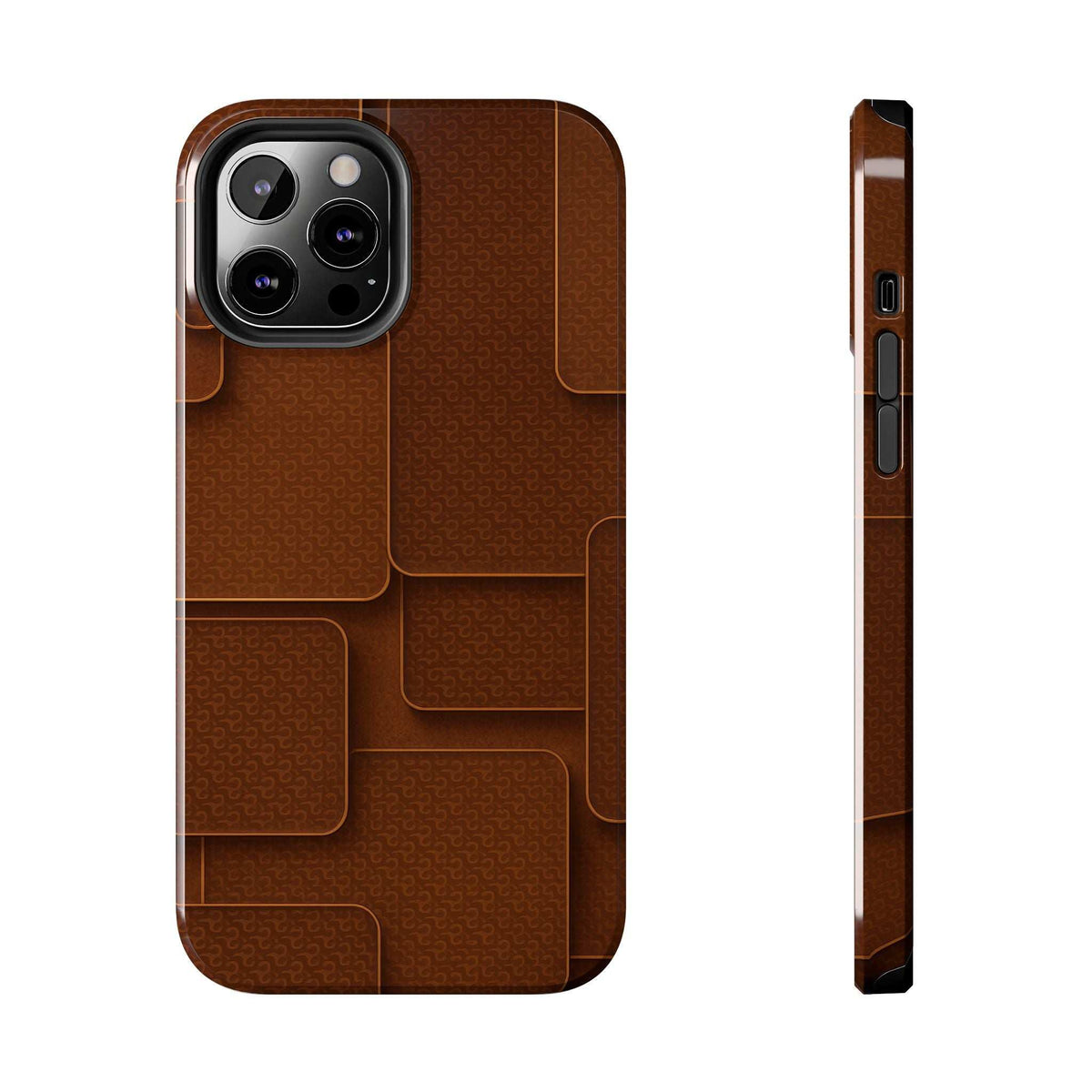 Brown textured phone case featuring panel pattern, camera opening, and side cutouts.