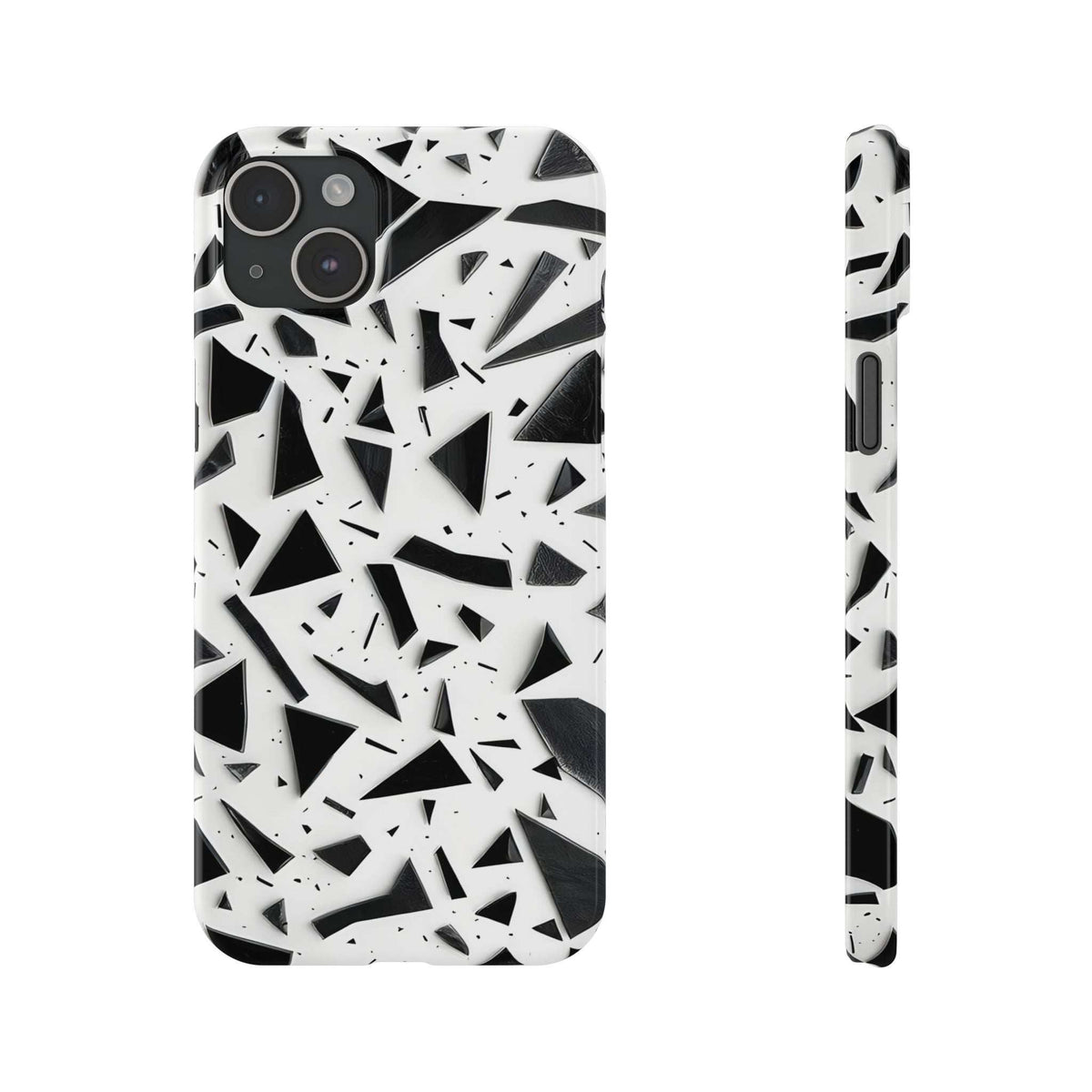 iPhone slim phone case with white background and black abstract shard pattern