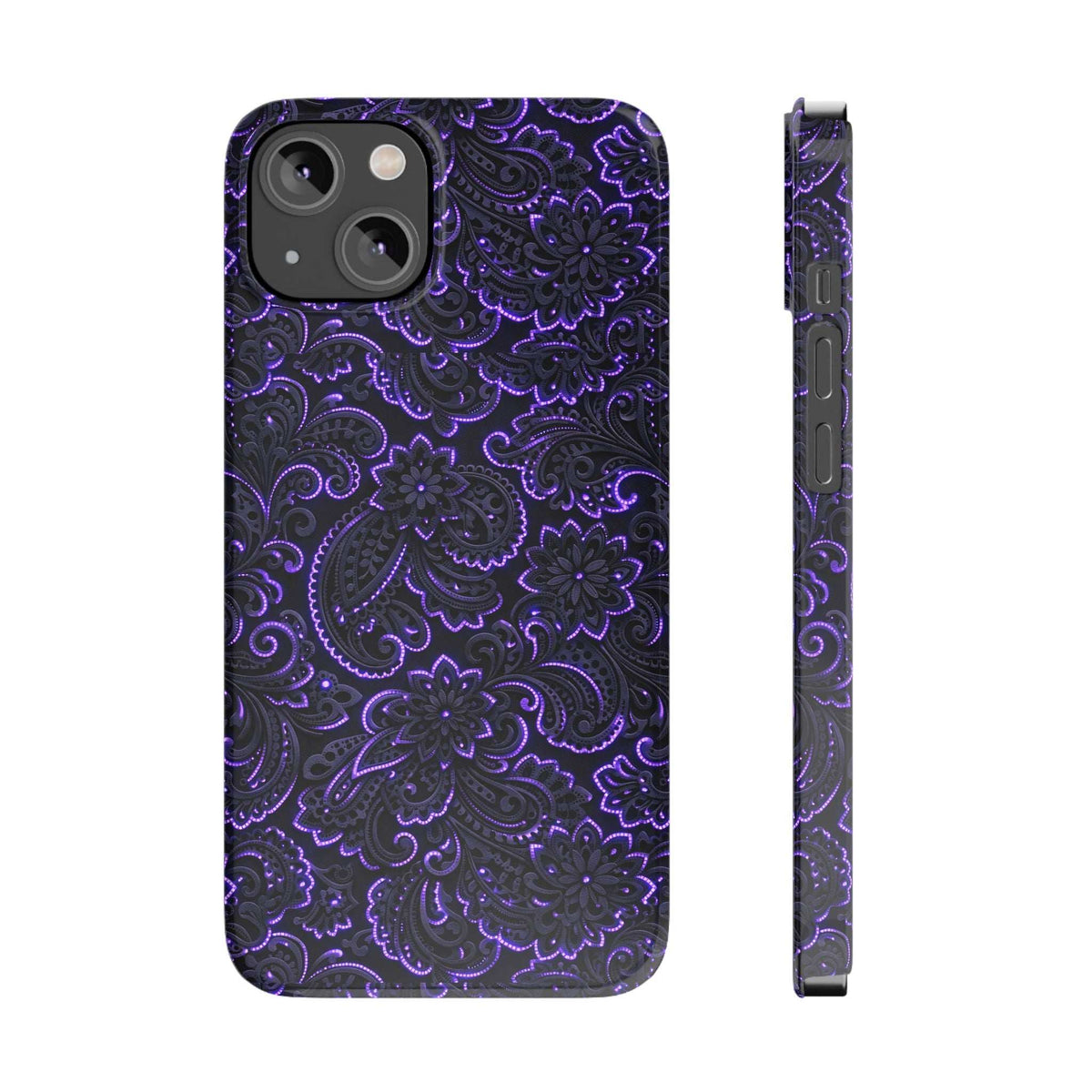 Purple neon paisley phone case front view with textured pattern and camera lenses.