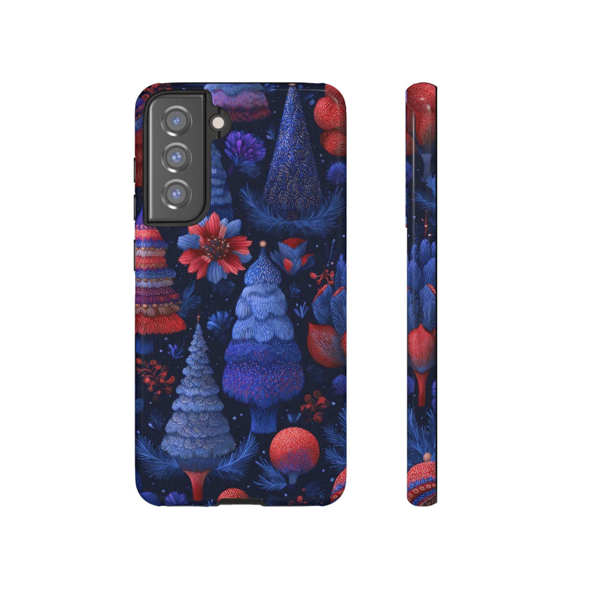Phone case front and side view with midnight blue forest trees, red ornaments, and floral accents