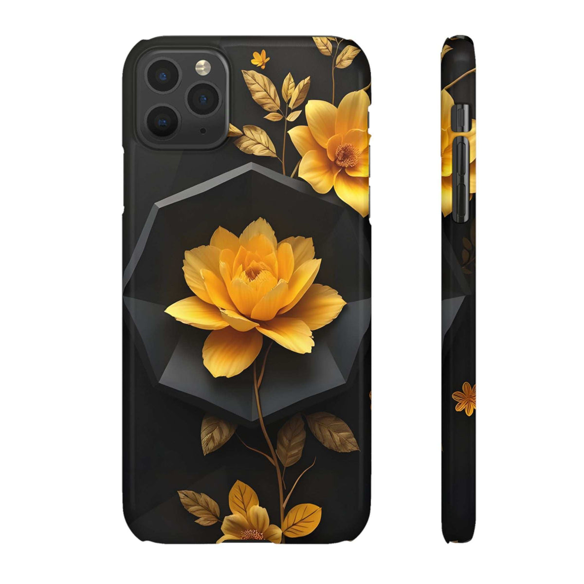 Black phone case with yellow flower artwork, camera lenses and flash opening visible