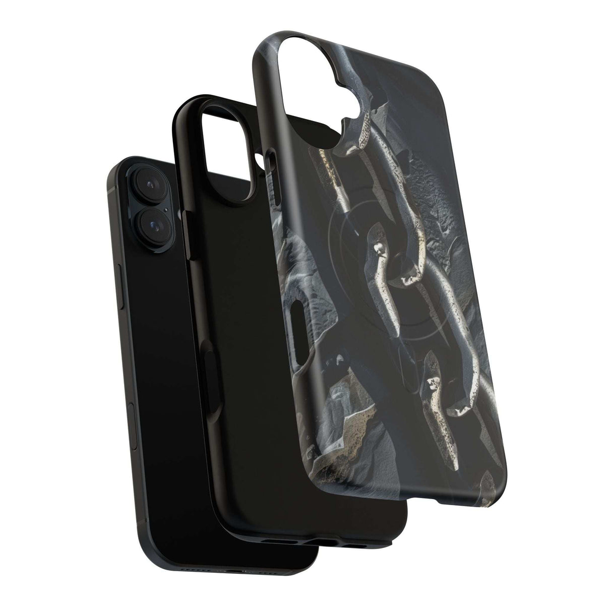 Black magnetic phone case with iron chain motif, protective edges, and ports