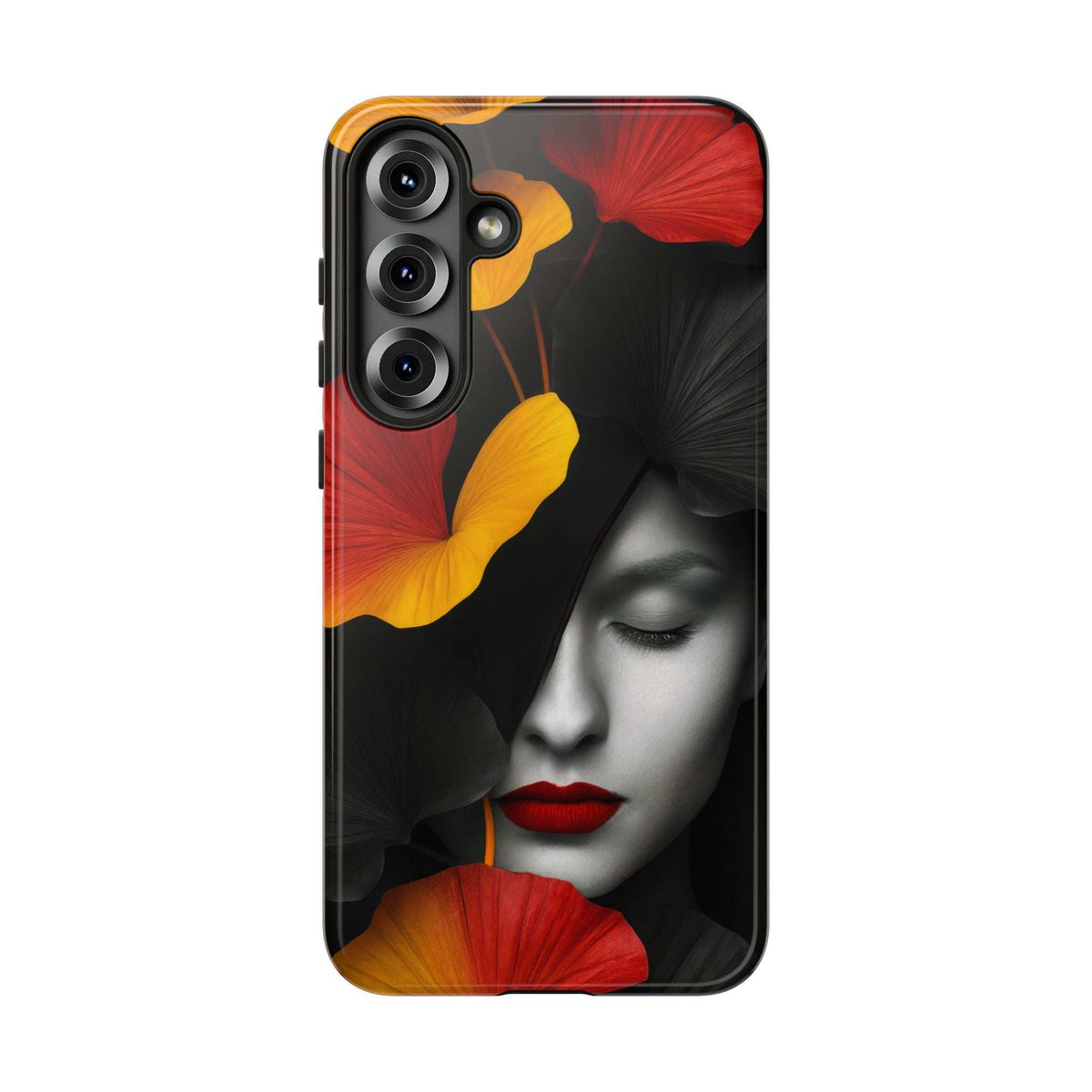 Glossy phone case with close-up woman face and red-yellow floral accents