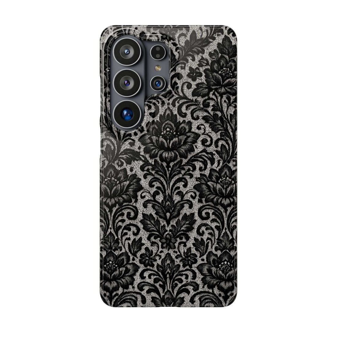 Damask floral phone case with raised camera cutouts, black and gray damask design