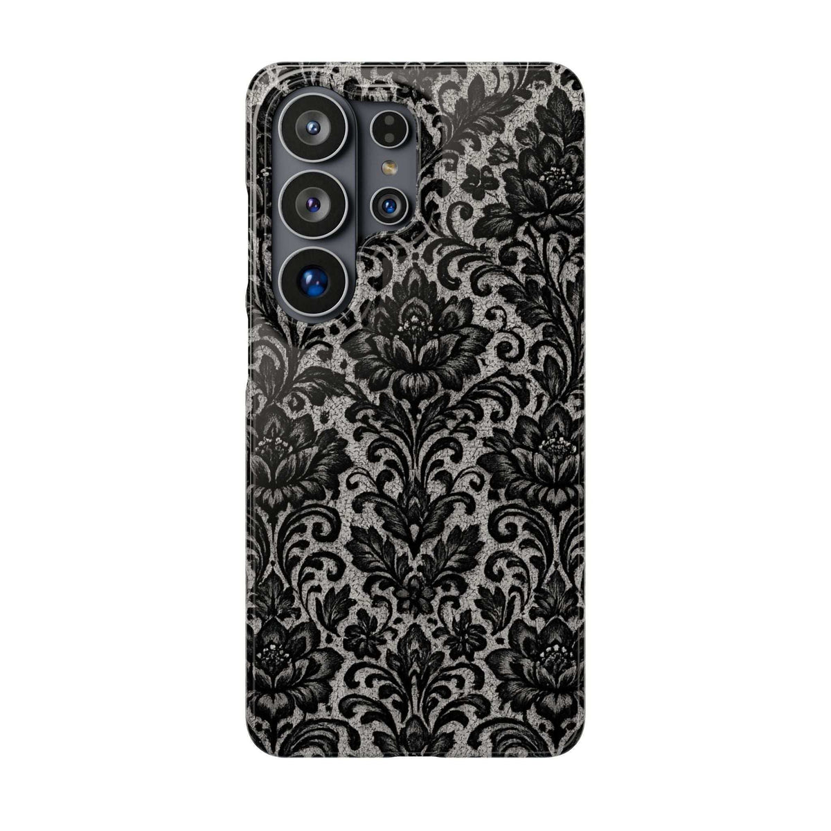 Damask floral phone case with raised camera cutouts, black and gray damask design