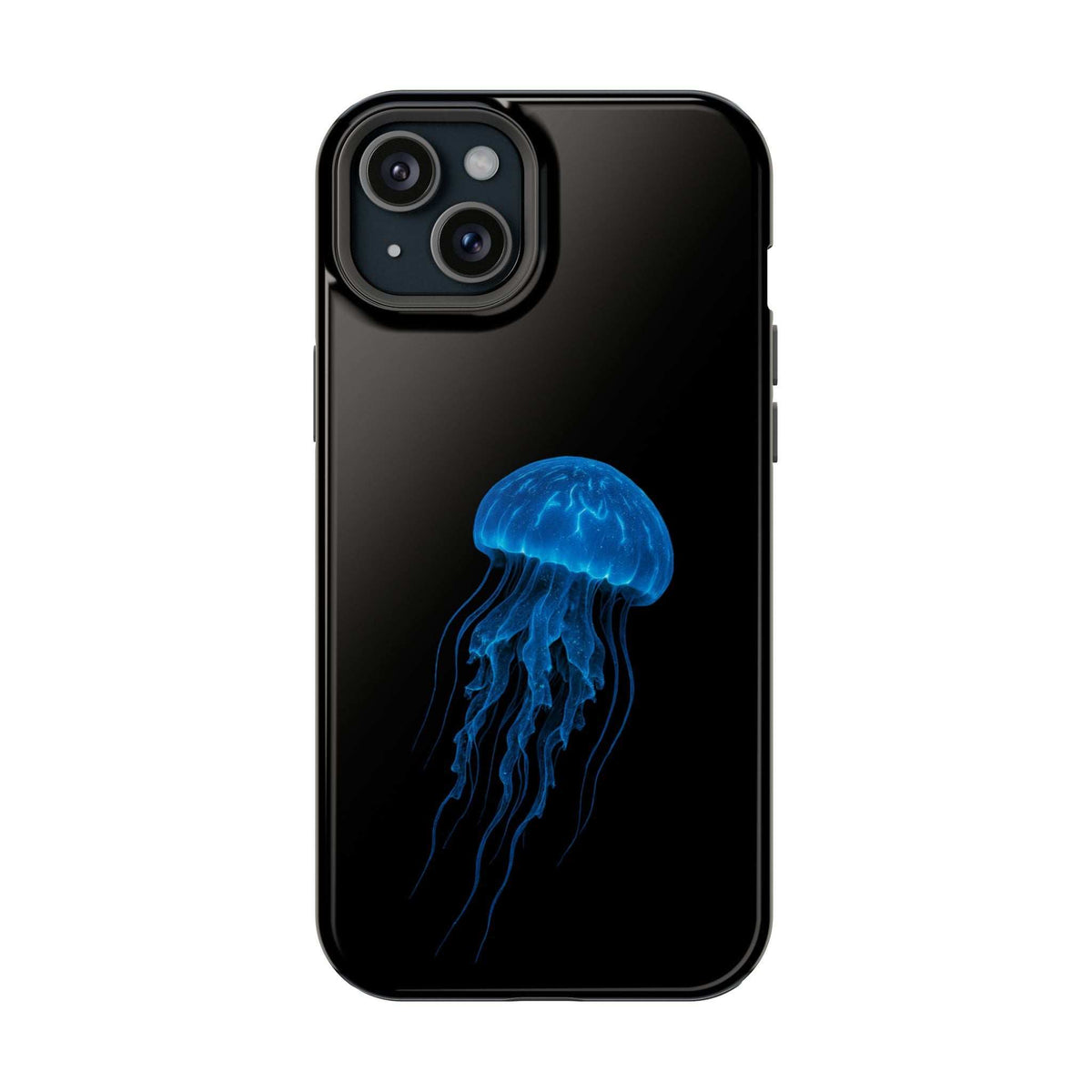 Black phone case with blue jellyfish graphic, slim side profile with button cutouts