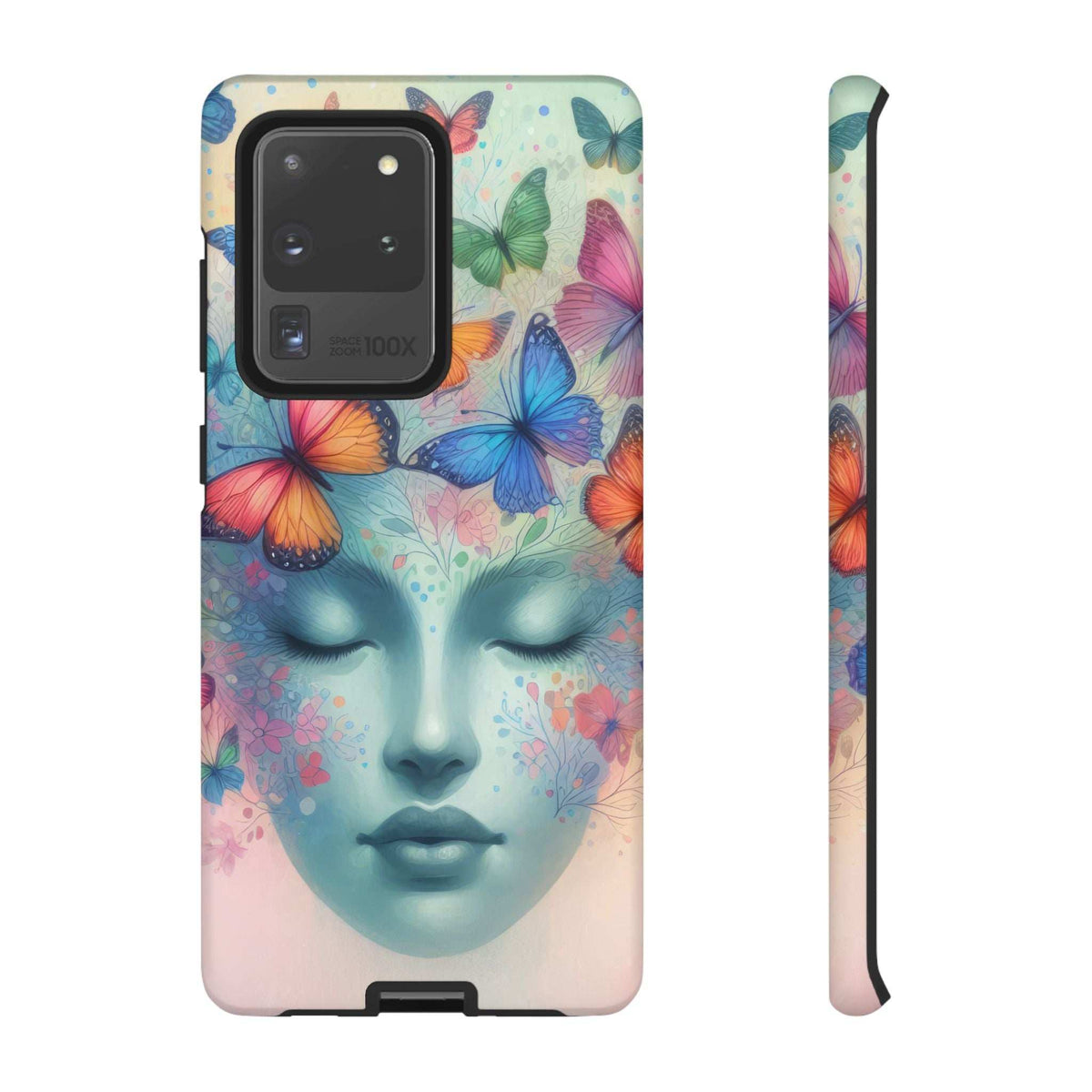 Phone case with butterfly face artwork, front and side profile views