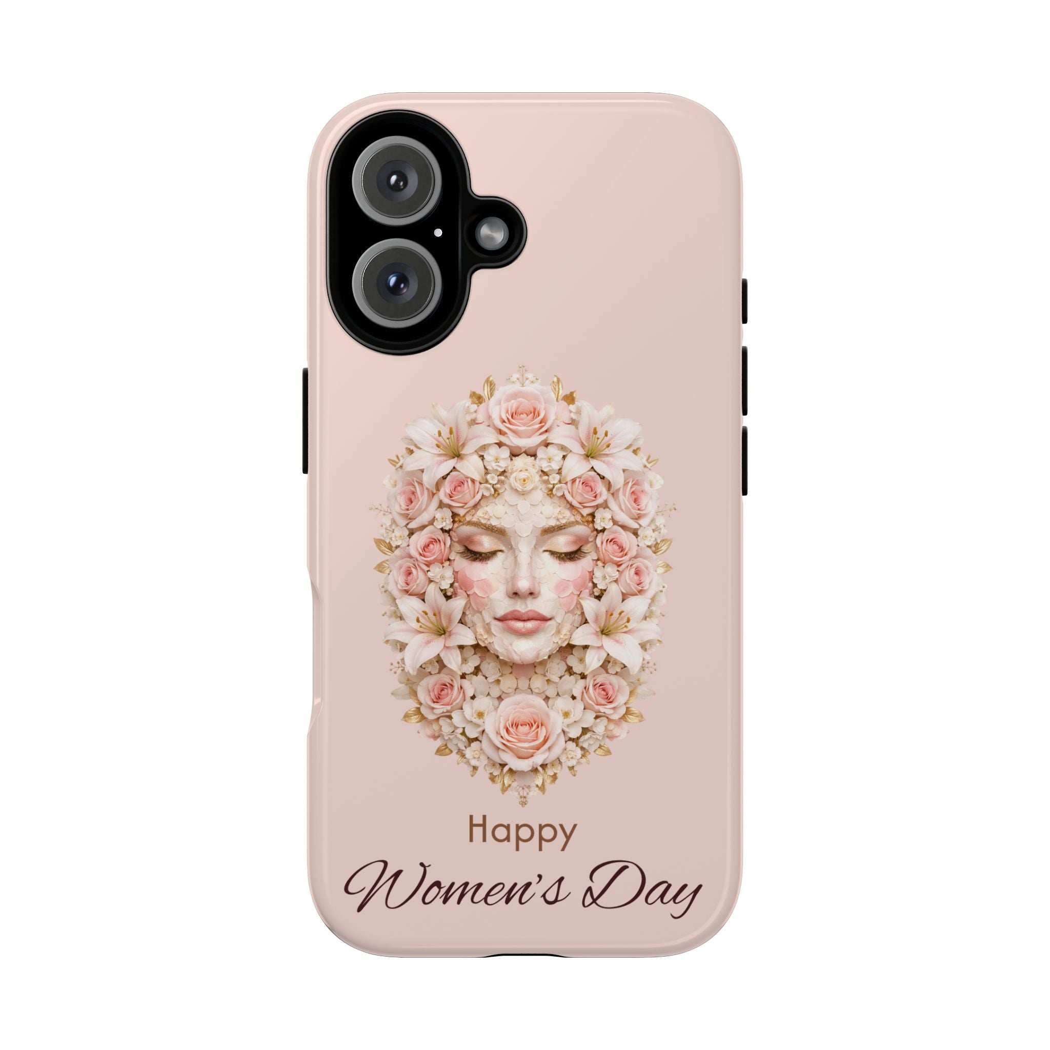 Light pink phone case with floral woman face artwork and 'Happy Women’s Day' text
