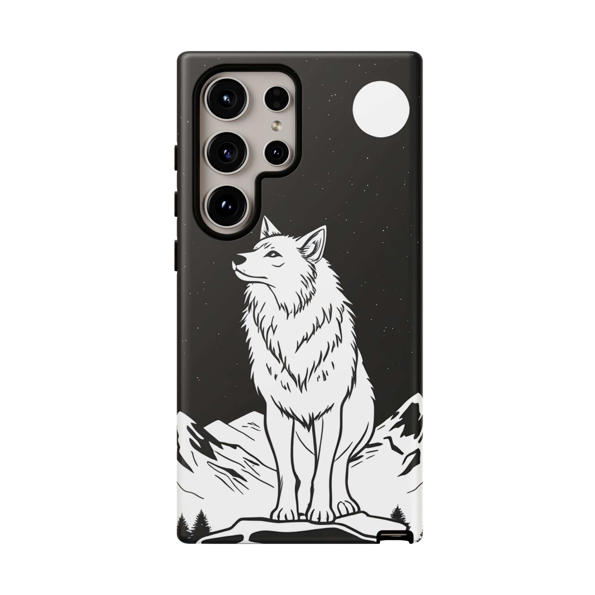 Black phone case featuring a white wolf illustration with camera cutouts on back