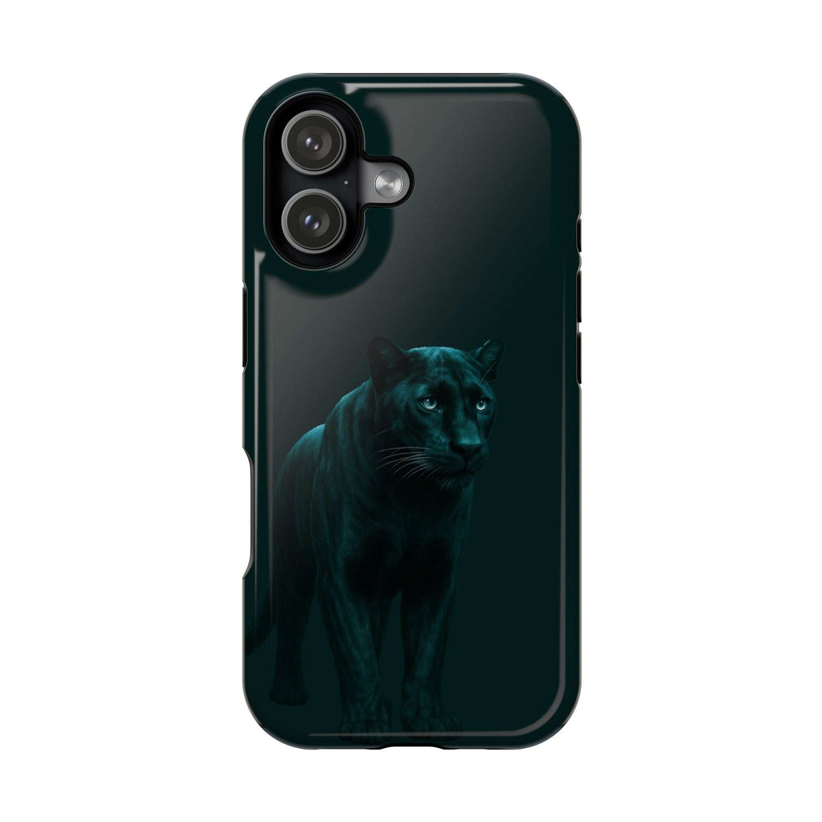 Black phone case with teal panther graphic, close back view with camera cutouts