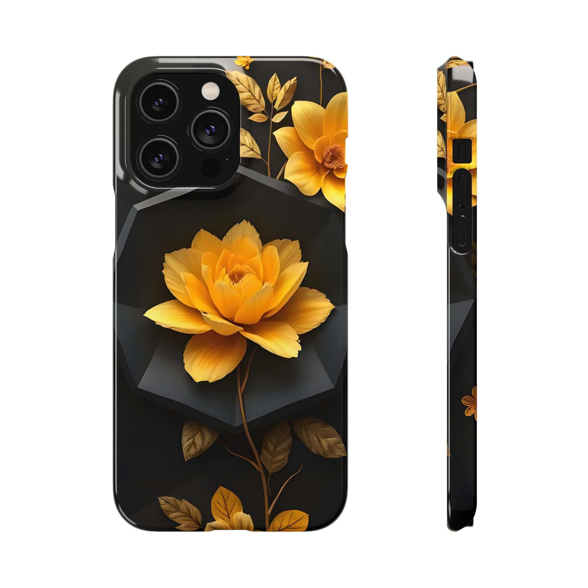Phone case with yellow floral design and dark geometric background, front and side view