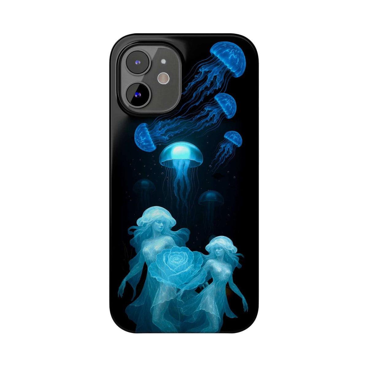Black jellyfish phone case with rose artwork and precise camera openings