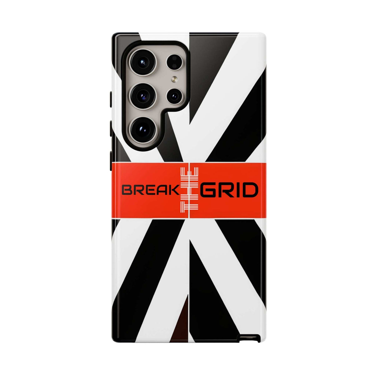 Phone case with black-and-white striped rays and orange BREAK GRID band, raised camera housing