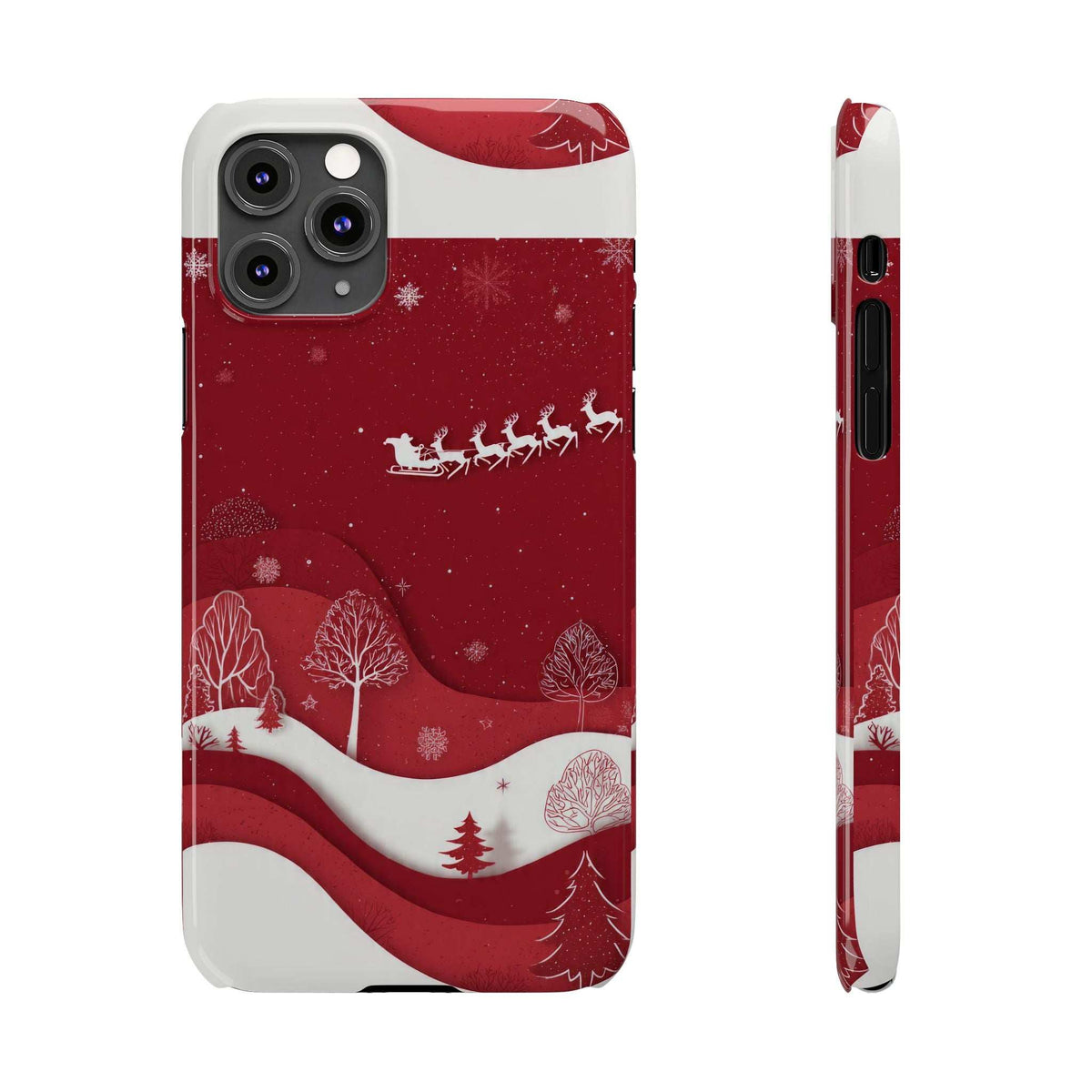 Festive winter phone case front view in red with snowy trees and sleigh line art; side profile.