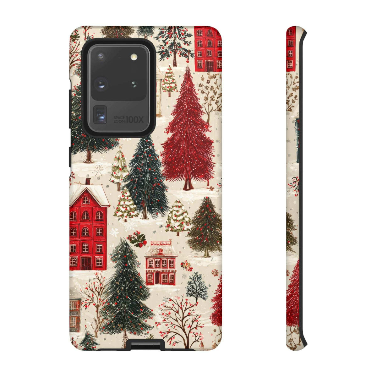 Winter village phone case back with black camera module, red buildings, and evergreen trees