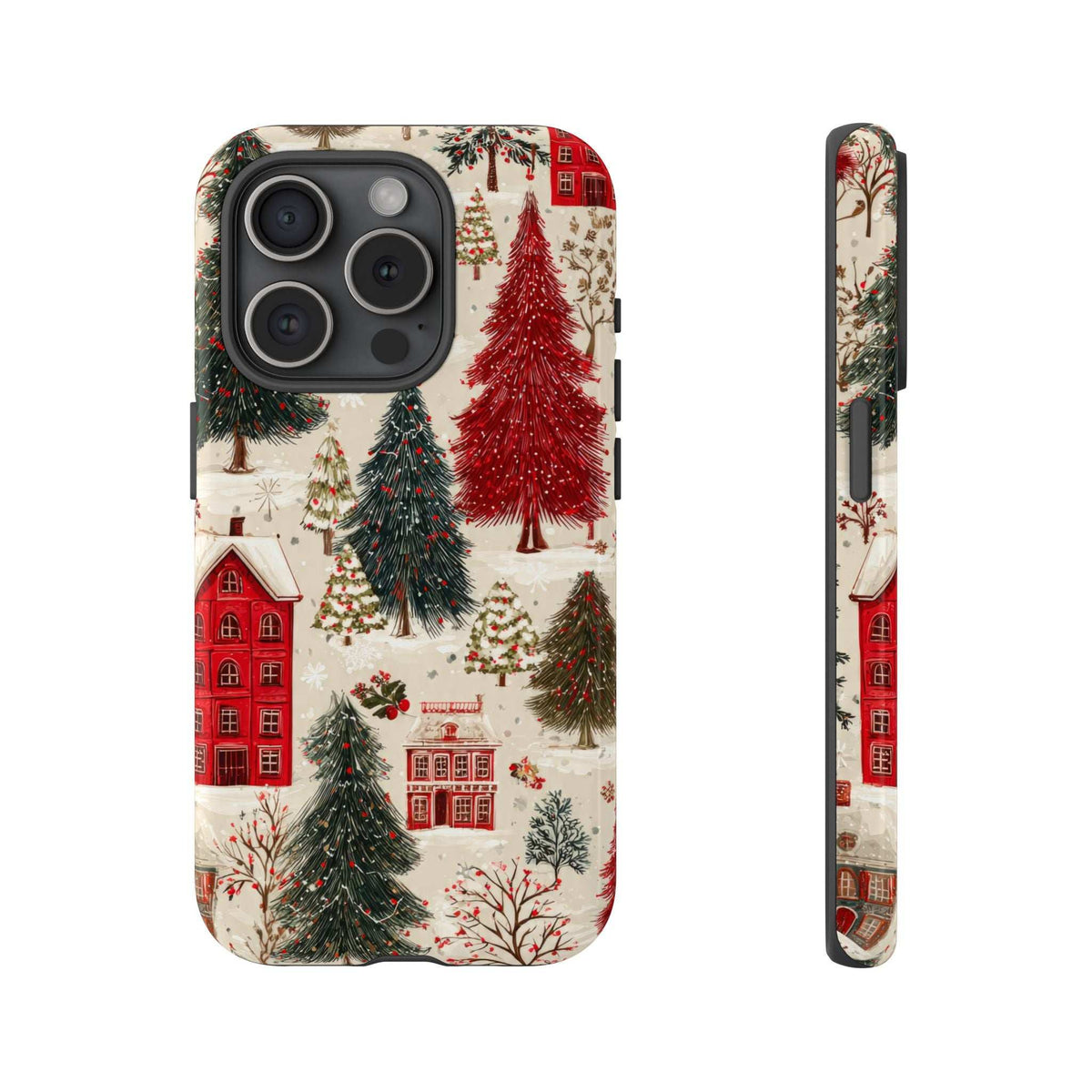 Winter village phone case with pine trees and red buildings; triple-lens camera cutout.