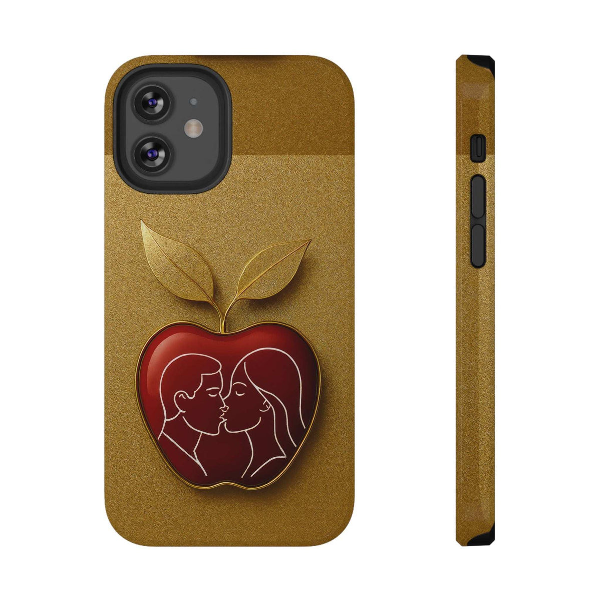 Gold phone case with leaf and red apple-heart couple emblem; back with side edge