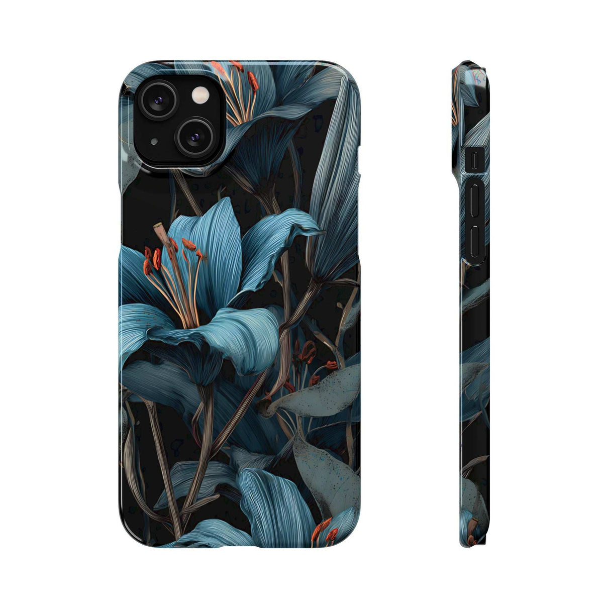 Blue lily floral phone case, side profile with camera and port cutouts