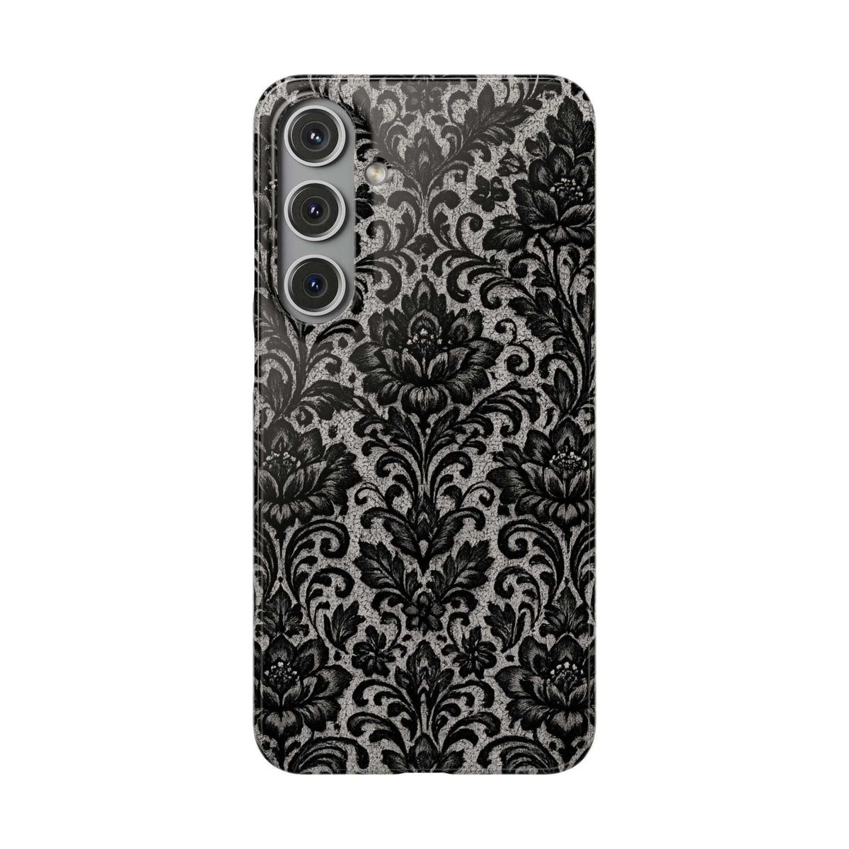 Damask floral phone case, black and gray damask pattern; triple camera cutout