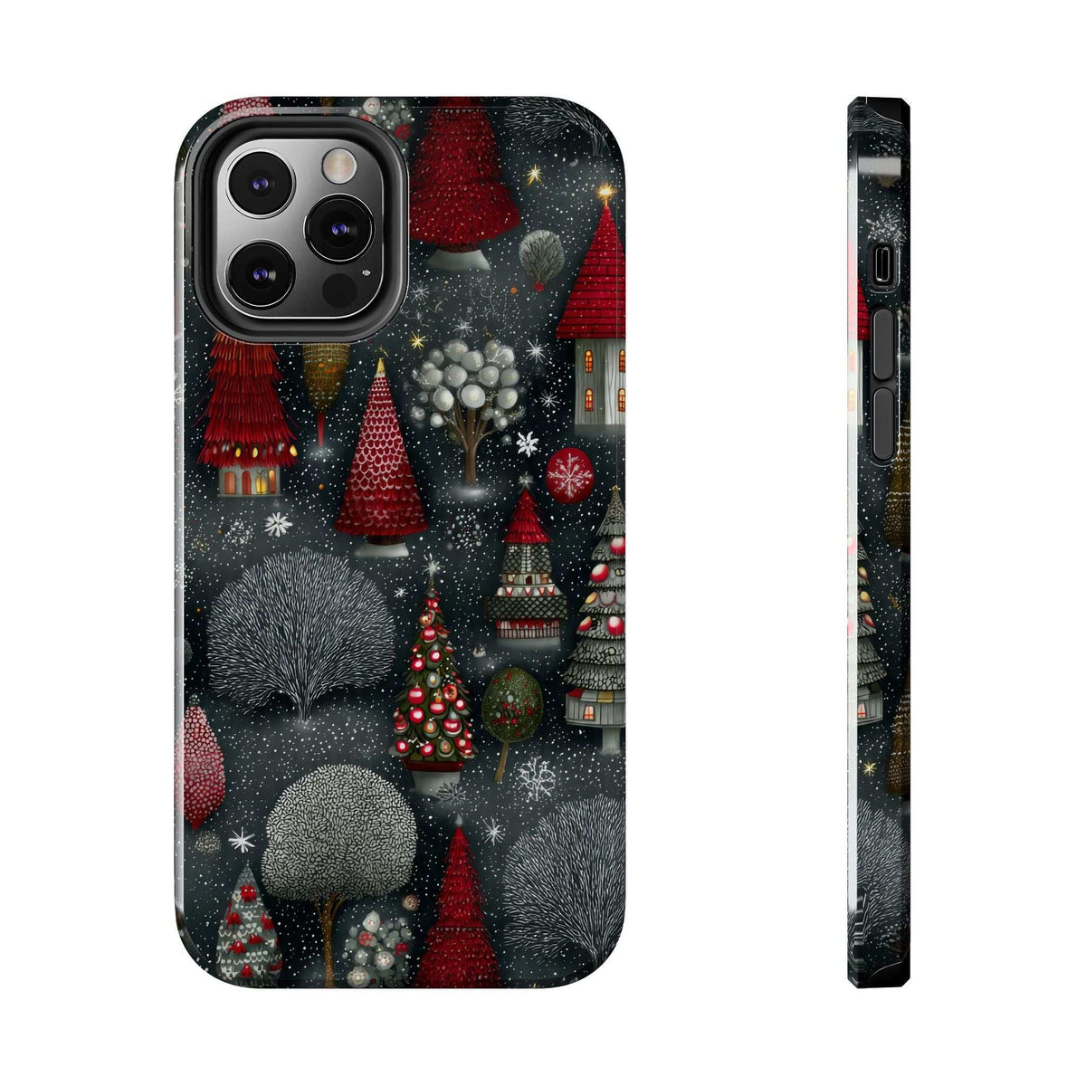Winter forest themed phone case with frosted fir trees; side profile view