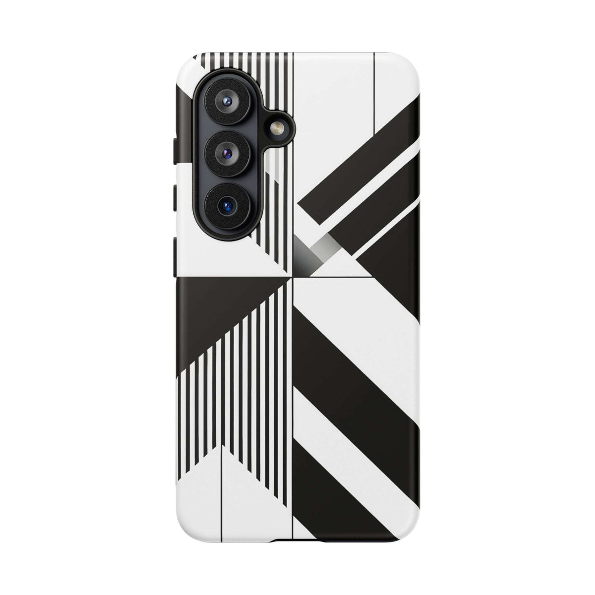 Monochrome tough phone case with geometric stripe and chevron pattern, camera opening details