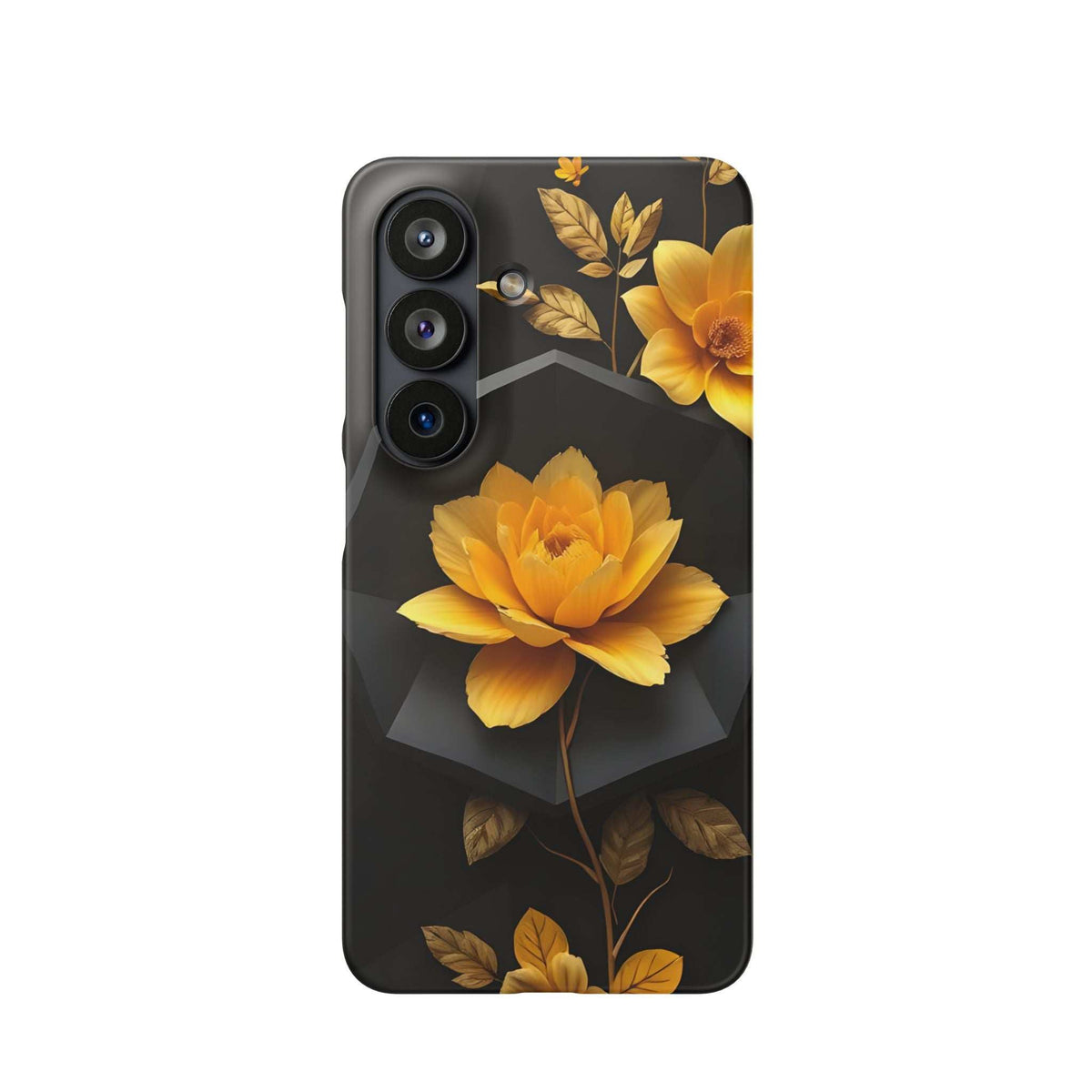 Dark phone case featuring yellow flower and gold leaves; raised camera area on top-left.