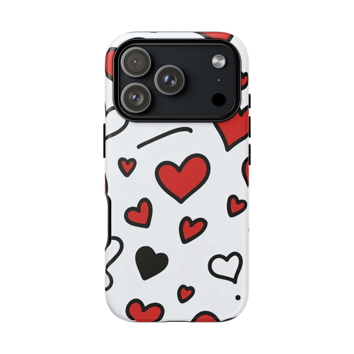 White phone case with scattered hearts; close camera cutout with triple lenses