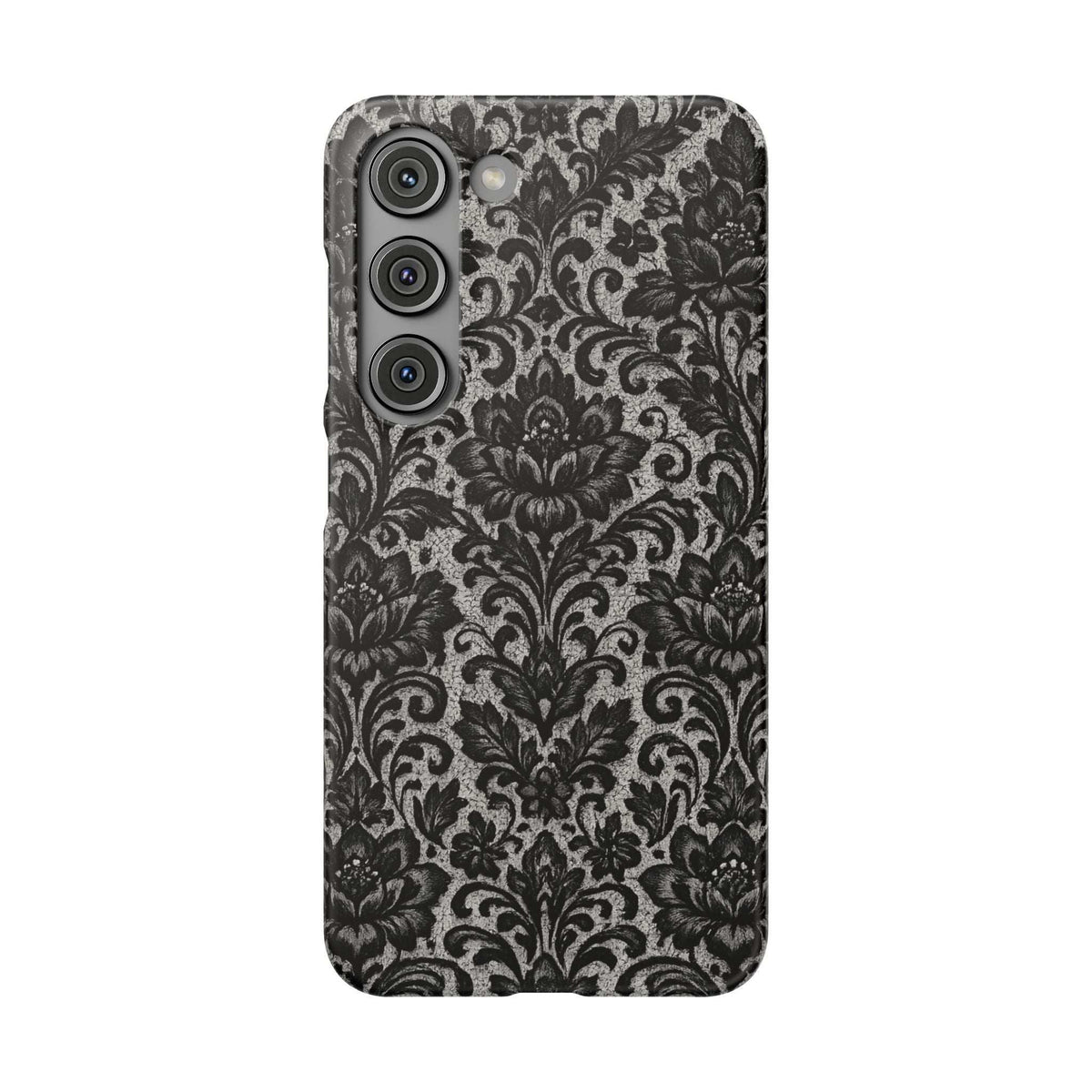 Damask floral phone case, black and gray damask floral; triple camera cutout