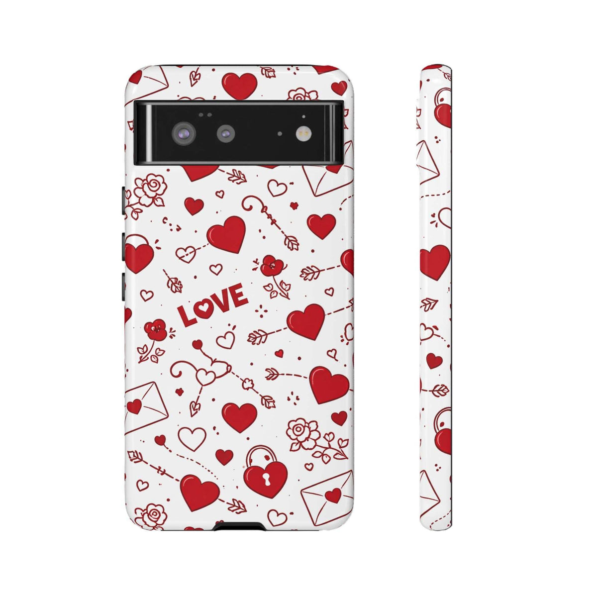 White phone case with red heart doodles and LOVE word; side view shows raised edges