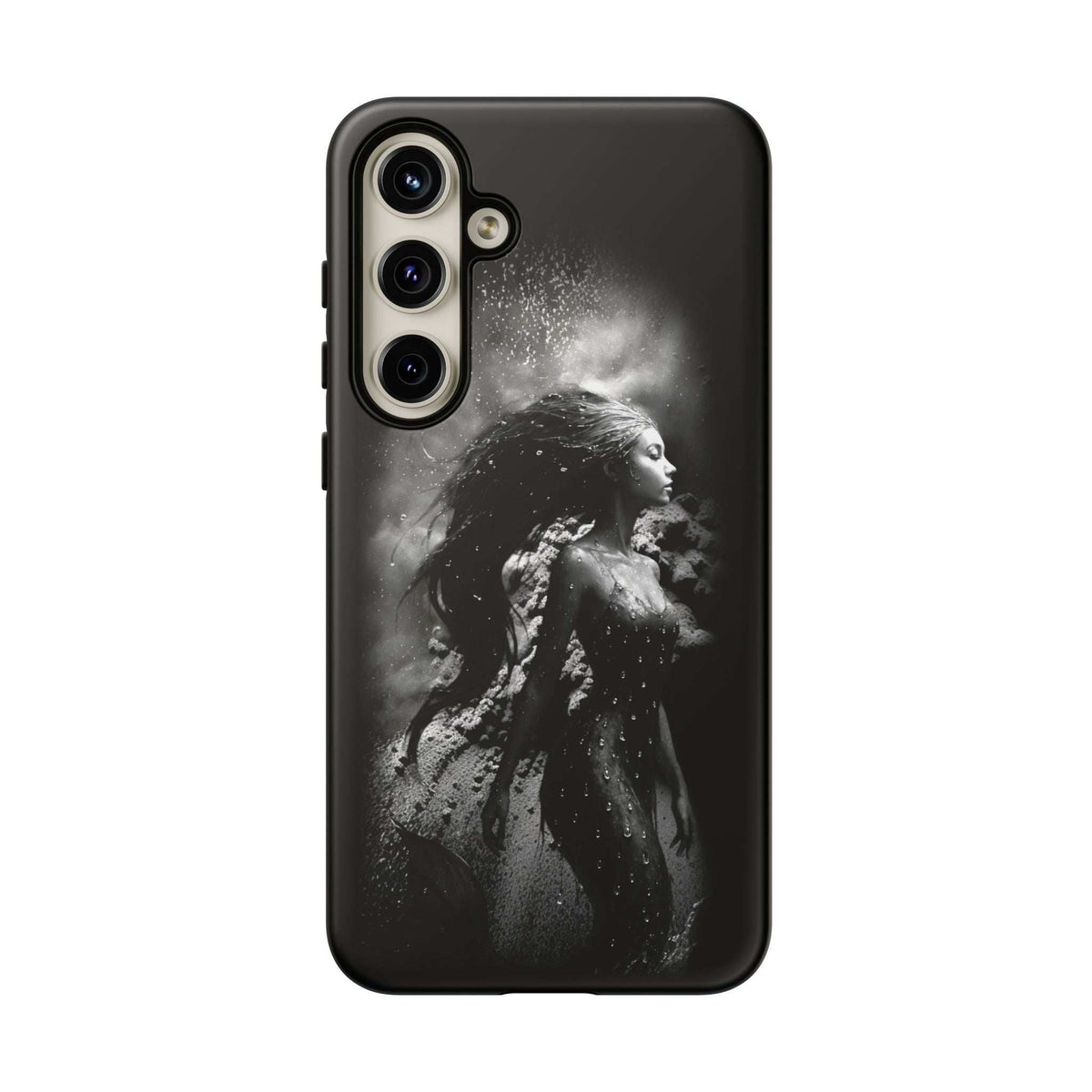 Monochrome mermaid phone case with black back and camera island cutouts, front view only