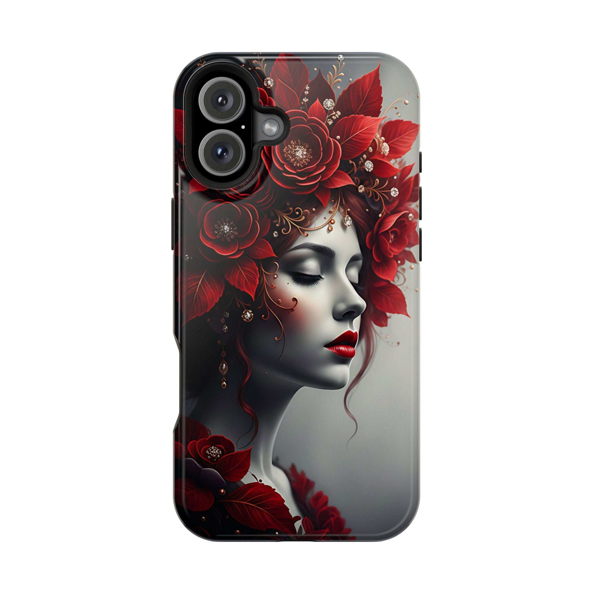 Back view portrait phone case for iPhone 13-17 with red roses and gray-white woman face art