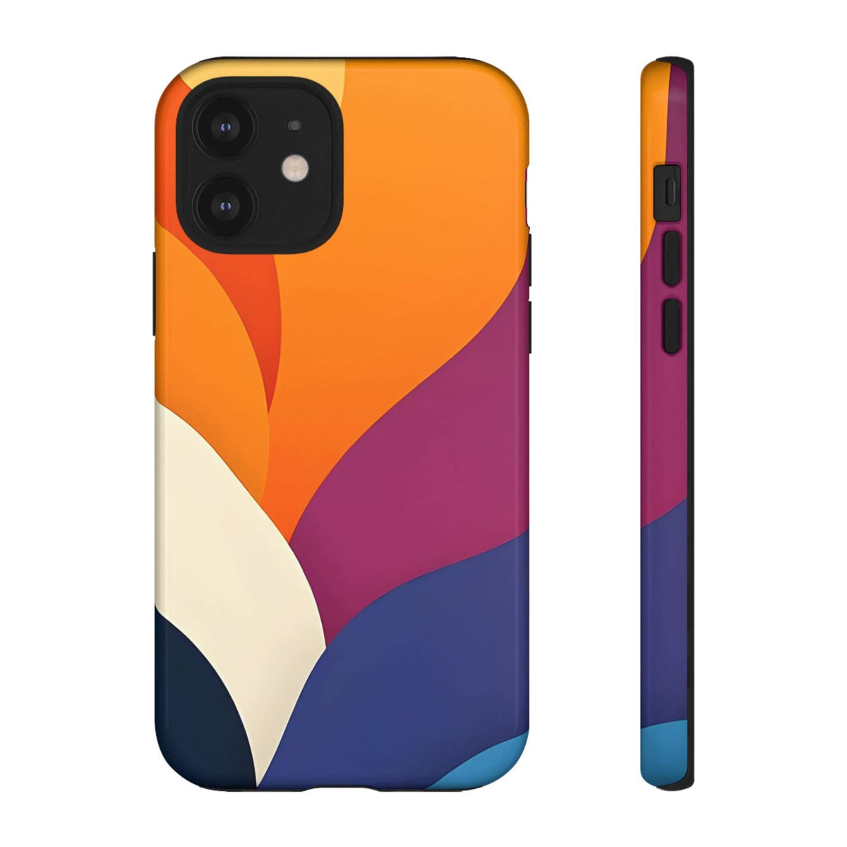 Abstract design phone case with orange arch, magenta panel, and navy curved lines.