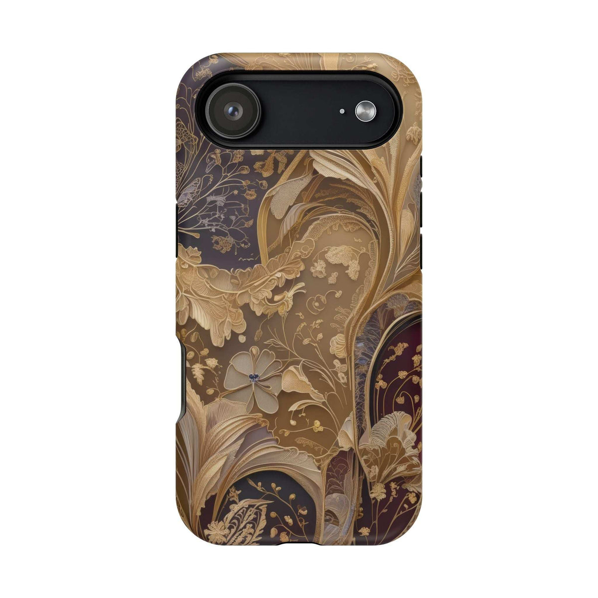 Botanical phone case with gold floral artwork and dark brown trim, camera bar opening