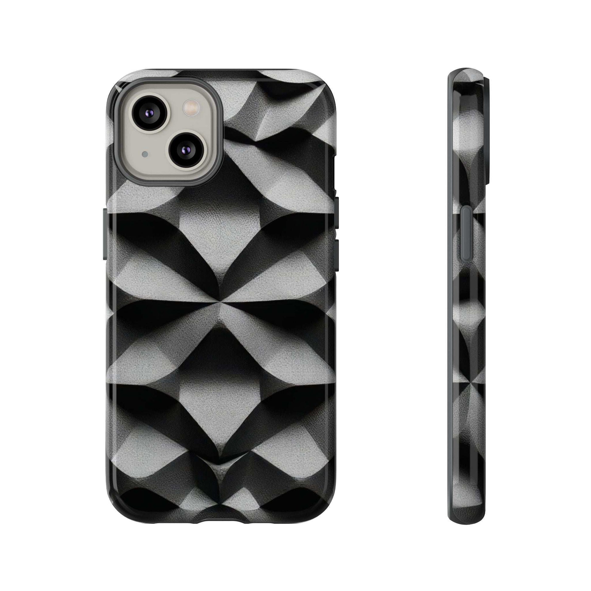 Black phone case with silver geometric diamond pattern; side profile shows raised buttons