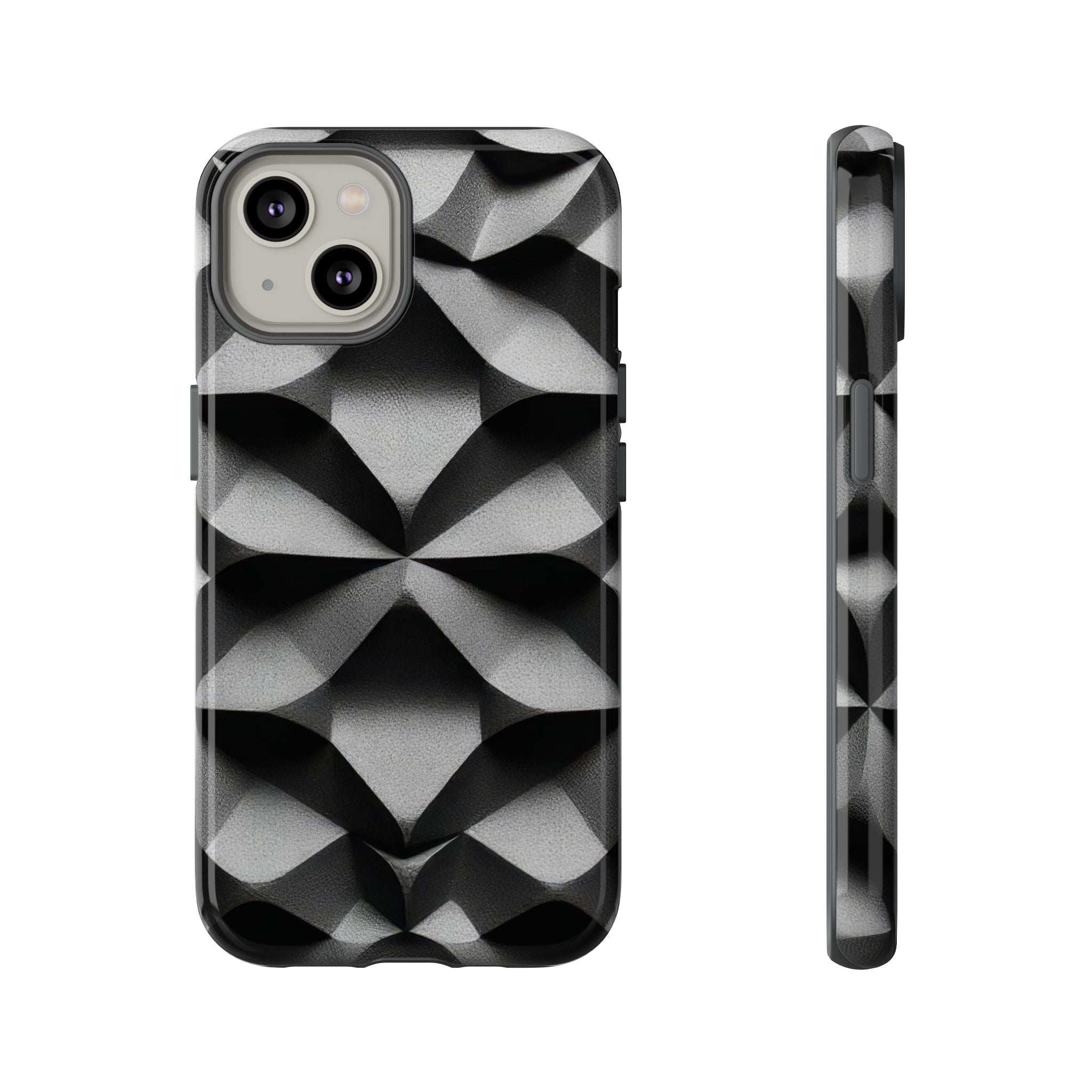 Black phone case with silver geometric diamond pattern; side profile shows raised buttons
