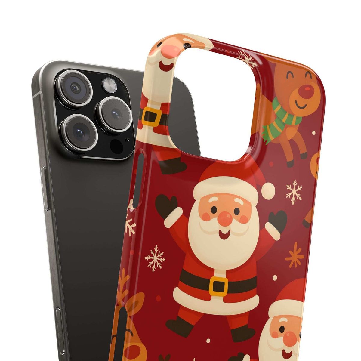 Red Santa phone case with raised screen rim and visible camera module; gingerbread and snowflakes