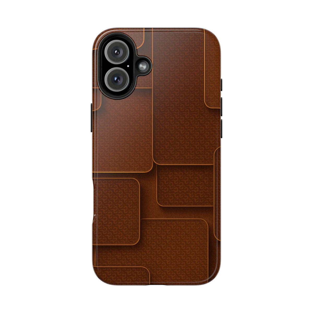 Textured brown phone case with embossed patch texture and camera cutout area