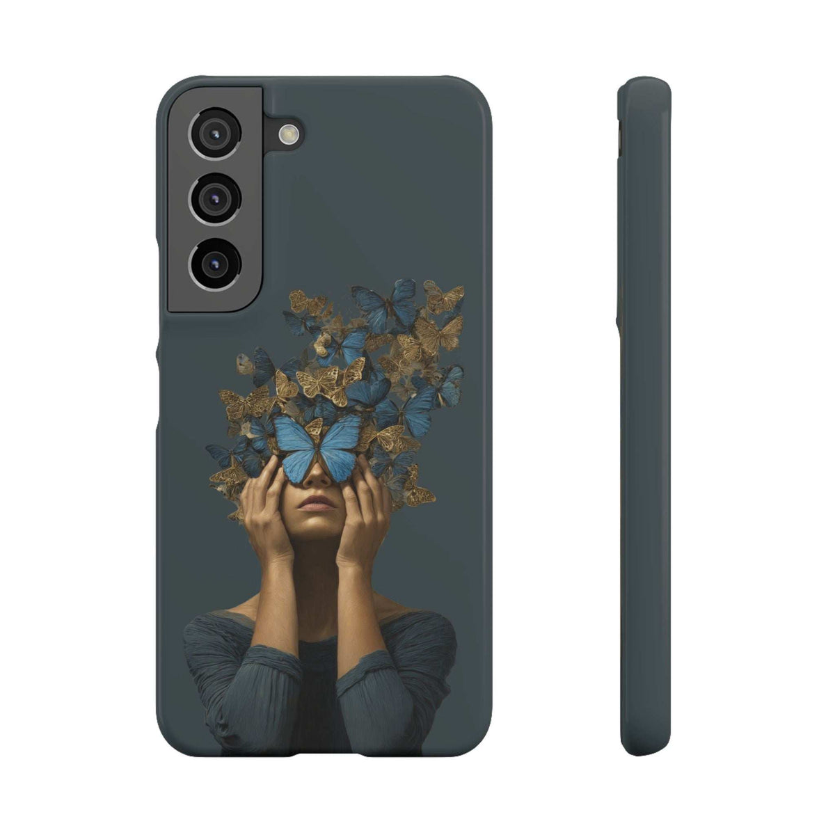 Dark gray phone case with butterfly woman illustration; camera cutouts visible on top-left.