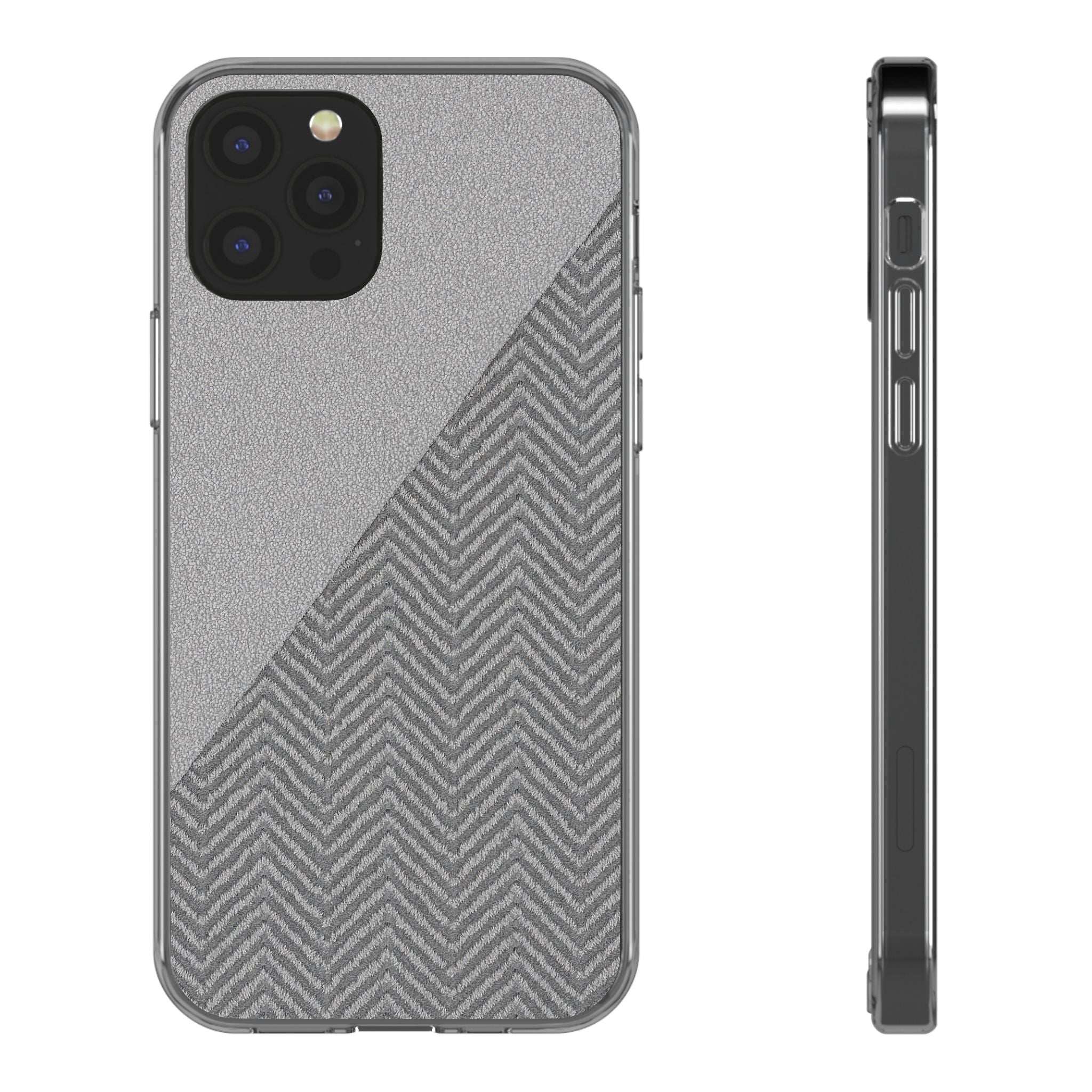 Tough phone case with dark herringbone diagonal pattern and raised clear edges